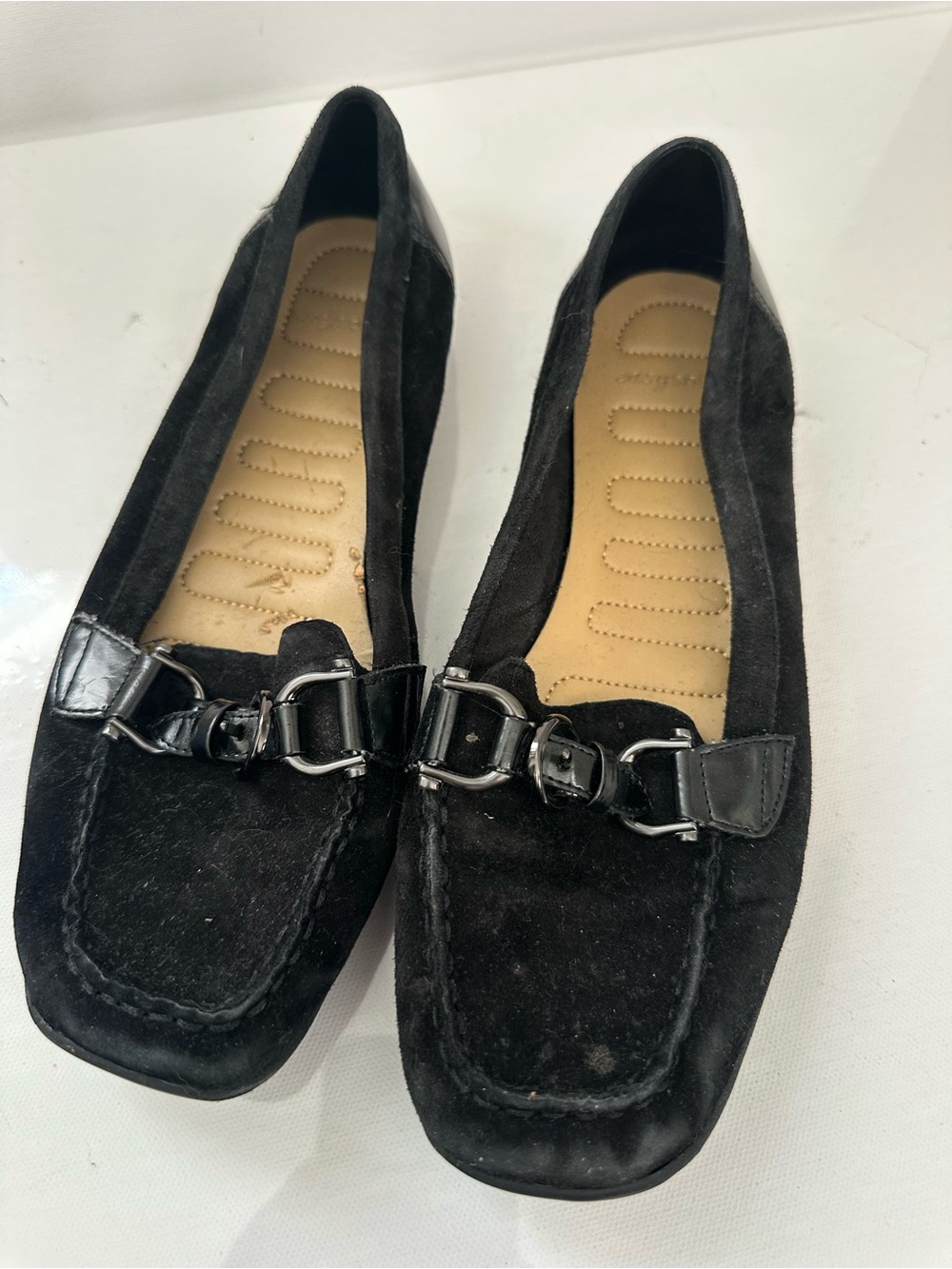 Liz Claiborne Black Suede Loafers with Silver Buckle Detail
